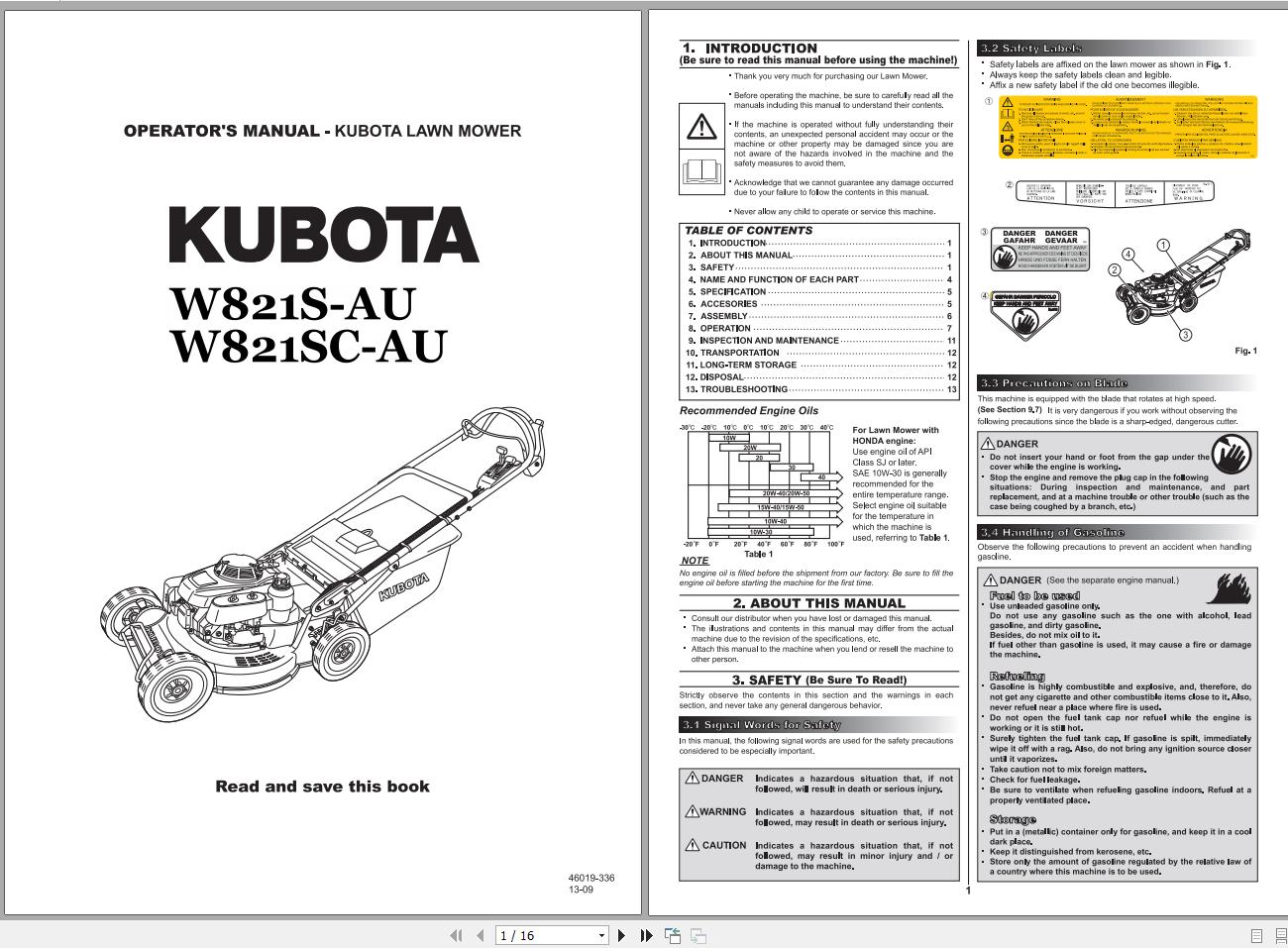 Kubota Lawn Mower W821S AU W821SC AU Operator Manual 46019 336 1