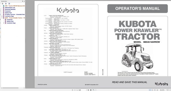 Kubota Power Krawler Tractor M8540 Narrow 1AGAIGKAP041A Operator Manual 3C877 9971 4 2012 1