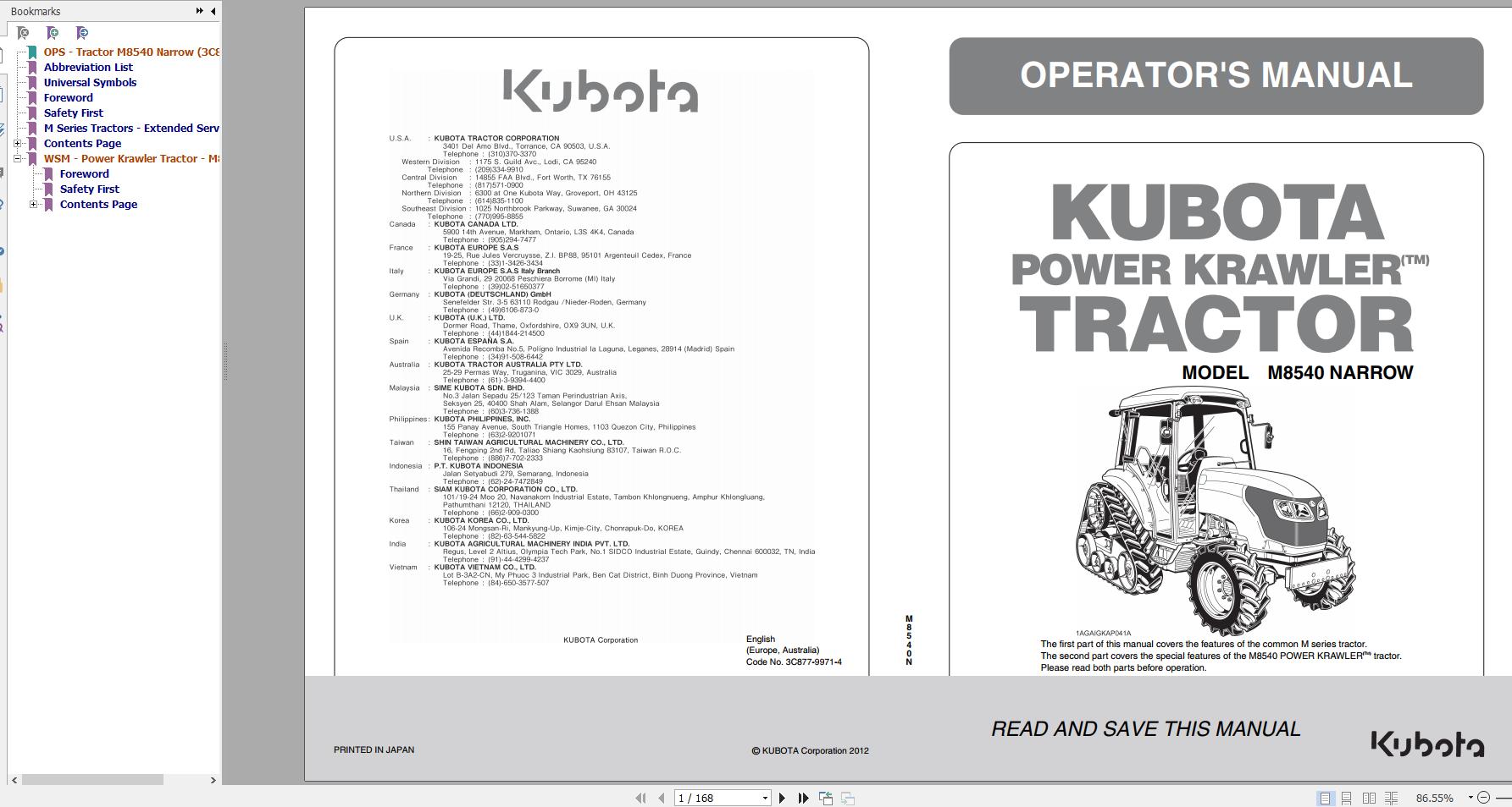 Kubota Power Krawler Tractor M8540 Narrow 1AGAIGKAP041A Operator Manual 3C877 9971 4 2012 1