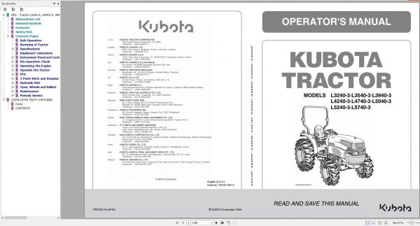 Kubota Tractor L3240 3 L3540 3 L3940 3 L4240 3 L4740 3 L5040 3 L5240 3 L5740 3 Operator Manual 2009 1