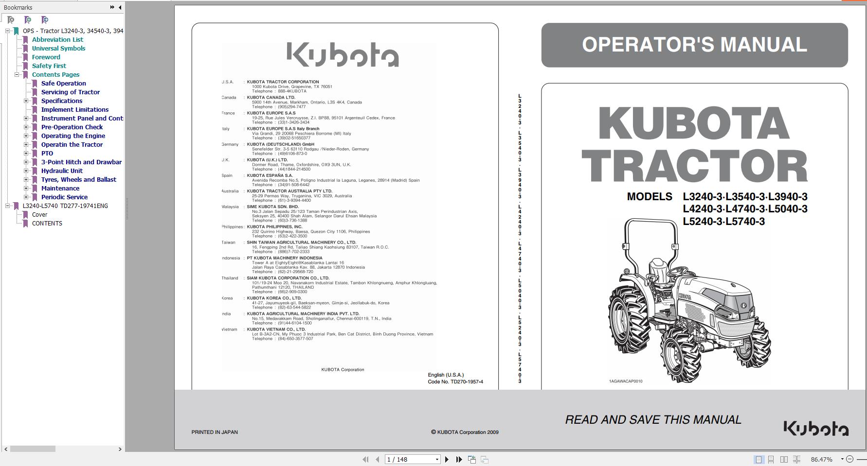 Kubota Tractor L3240 3 L3540 3 L3940 3 L4240 3 L4740 3 L5040 3 L5240 3 L5740 3 Operator Manual 2009 1
