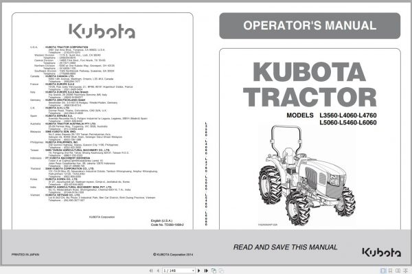 Kubota Tractor L3560 L4060 L4760 L5060 L5460 L6060 AGAXAAAP122A Operator Manual TD350 1958 2 2014 1