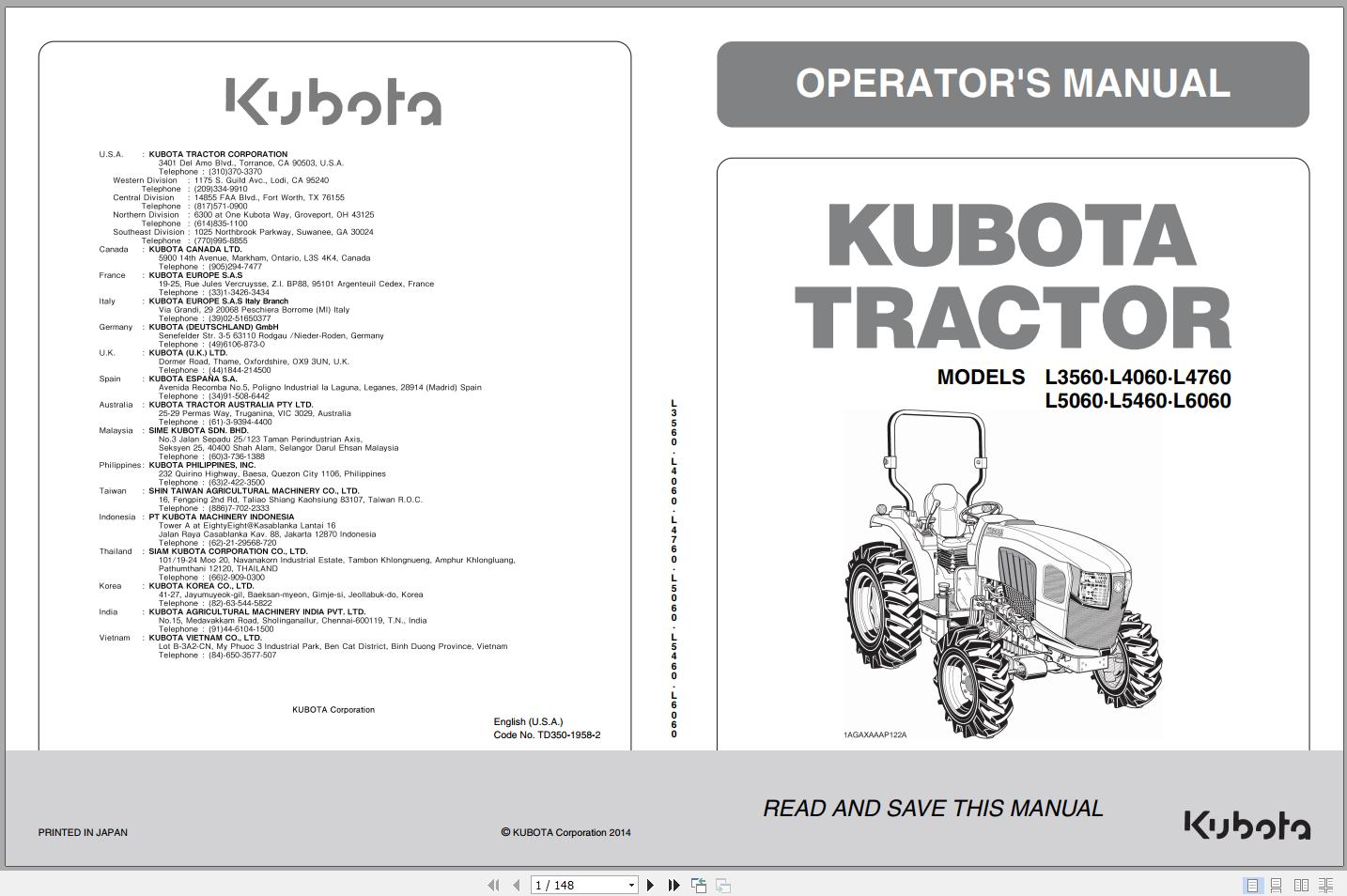 Kubota Tractor L3560 L4060 L4760 L5060 L5460 L6060 AGAXAAAP122A Operator Manual TD350 1958 2 2014 1