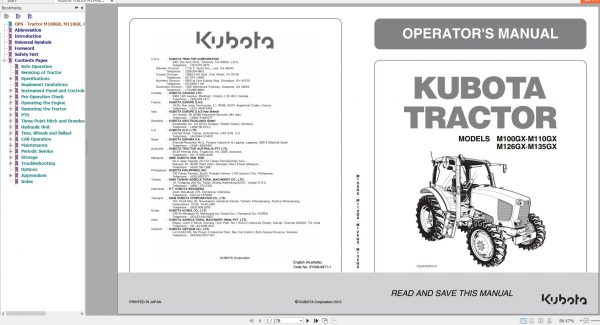 Kubota Tractor M100GX M110GX M126GX M135GX 1AGAIJPAP001A Operator Manual 3Y206 9971 1 2012 1