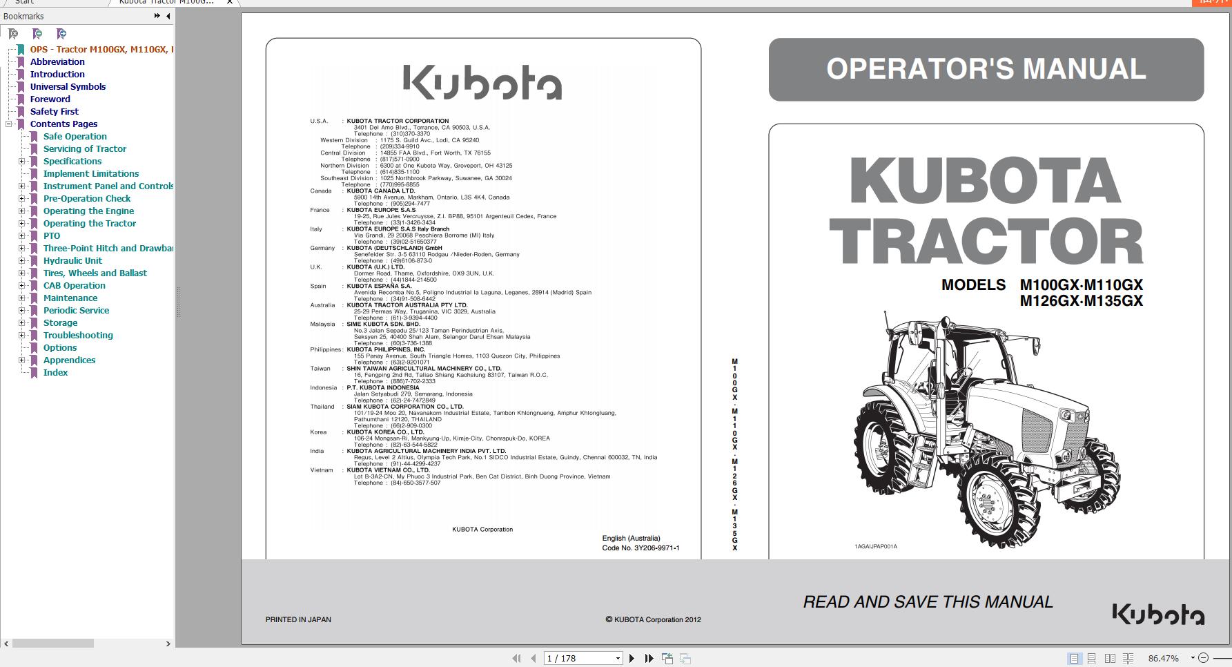 Kubota Tractor M100GX M110GX M126GX M135GX 1AGAIJPAP001A Operator Manual 3Y206 9971 1 2012 1