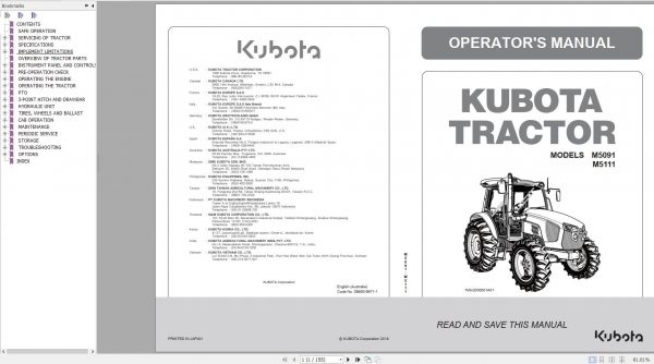 Kubota Tractor M5091 M5111 1MHJD00001A01 Operator Manual 3B693 9971 1 2019 1