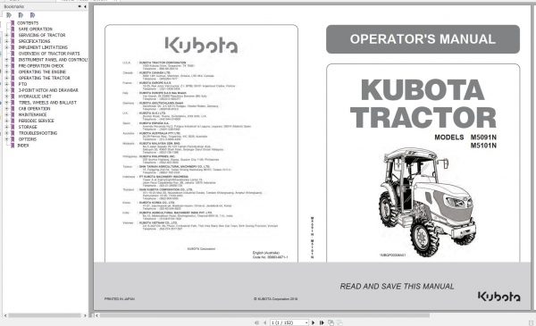 Kubota Tractor M5091N M5101N 1MBQF00008A01 Operator Manual 3B883 9971 1 2019 1