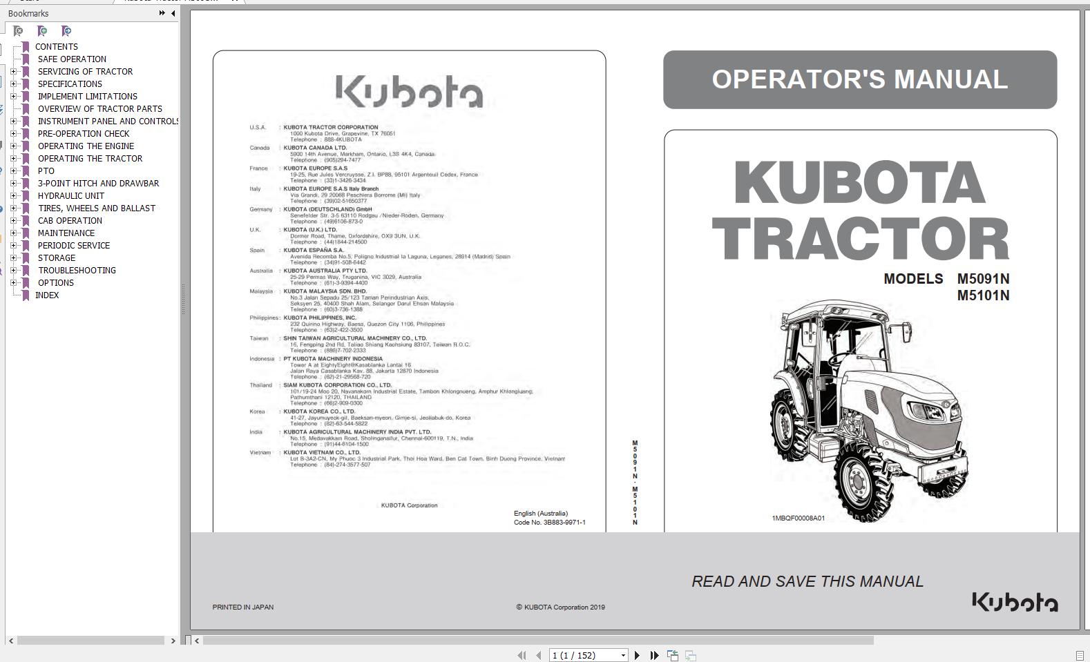 Kubota Tractor M5091N M5101N 1MBQF00008A01 Operator Manual 3B883 9971 1 2019 1