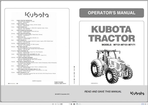 Kubota Tractor M7131 M7151 M717101 1AGBCAAAP001A Operator Manual 3J070 1012 4 2016 1