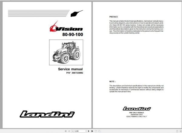 Landini Tractor Vision 80 90 100 Service Manual 3667238M2 2003 1