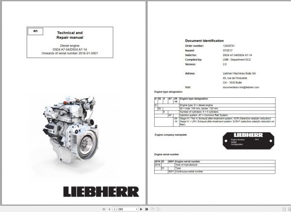 Liebherr Diesel Engine D924 A7 04 D924 A7 14 Technical and Repair Manual 12409741 2017 1