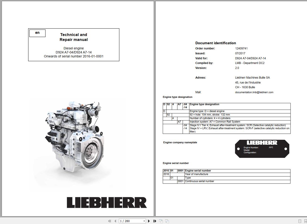 Liebherr Diesel Engine D924 A7 04 D924 A7 14 Technical and Repair Manual 12409741 2017 1