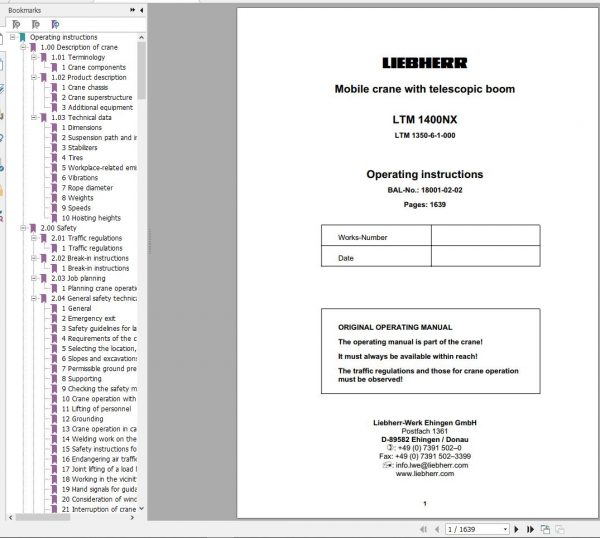 Liebherr Mobile Crane LTM 1400NX Operating Instructions 18001 02 02 1