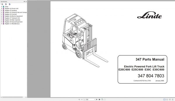 Linde Forklift 347 E20C E25C E30C 600 Parts Manual 3478047803 2006 1