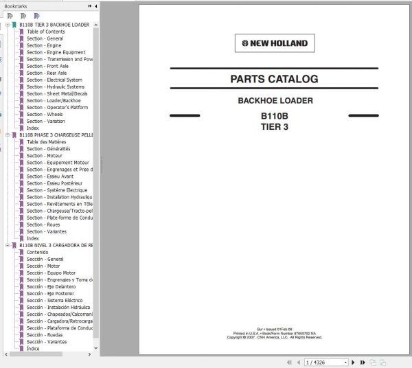 New Holland Backhoe Loader B110B Tier 3 Parts Catalog 87659792 NA 2008 1