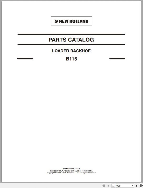 New Holland Backhoe Loader B115 Parts Catalog 87364132 NA 2006 1