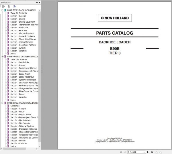 New Holland Backhoe Loader B90B Tier 3 Parts Catalog 87659786NA 2008 1