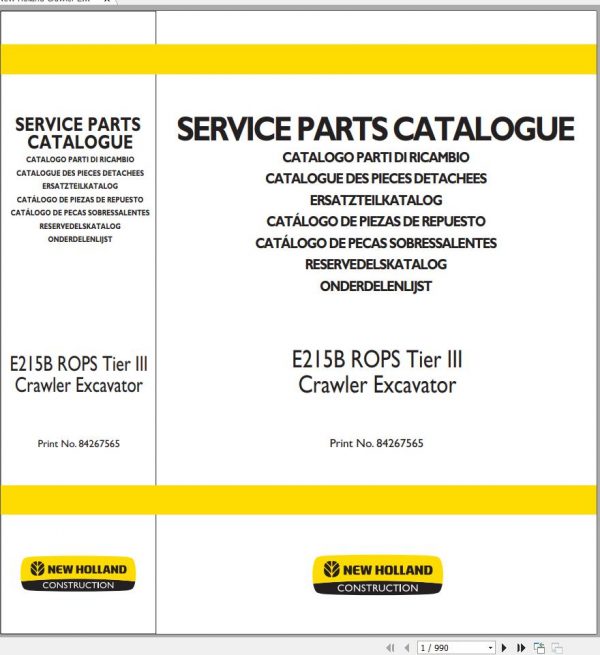 New Holland Crawler Excavator E215B ROPS Tier III Parts Catalog 84267565 2010 DE ES FR EN 1