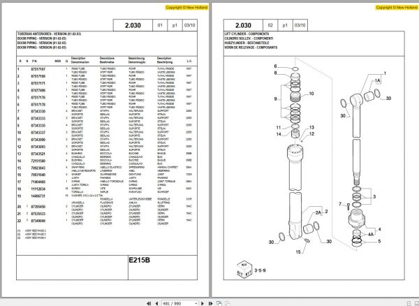 New Holland Crawler Excavator E215B ROPS Tier III Parts Catalog 84267565 2010 DE ES FR EN 2