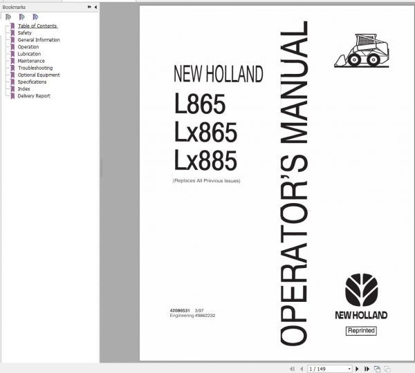 New Holland Skid Steer L865 LX865 LX885 Operator Manual 42086531 1997 1
