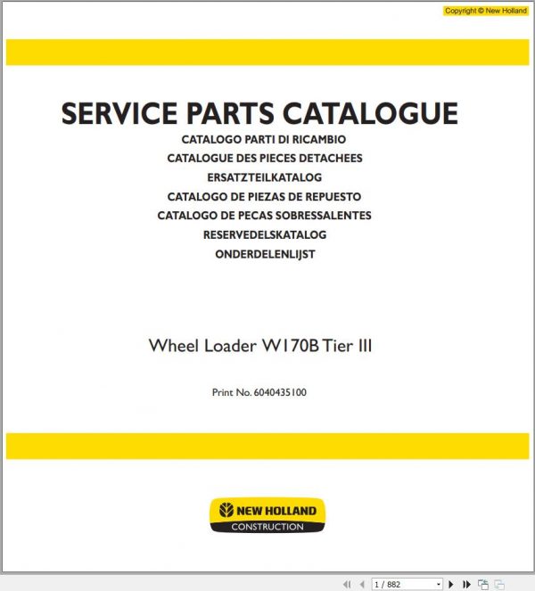 New Holland Wheel Loader W170B Tier III Parts Catalog 6040435100 2009 DE FR IT EN 1