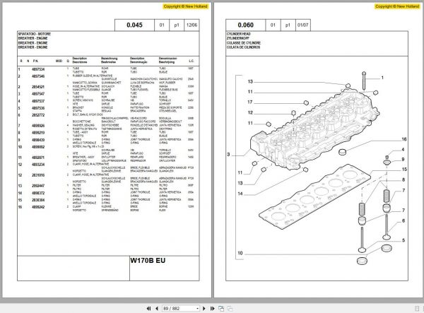 New Holland Wheel Loader W170B Tier III Parts Catalog 6040435100 2009 DE FR IT EN 2