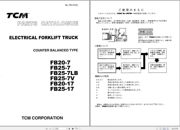 TCM Forklift FB20 7 FB25 7 FB25 7LB FB25 7V FB20 17 FB25 17 Parts Catalogue PB 81KC 1