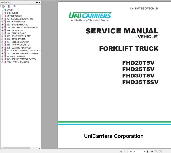 TCM Unicarrier Forklift FHD20T5V FHD25T5V FHD30T5V FHD30T5SV Service Manual SMFBE 2WECH160 1