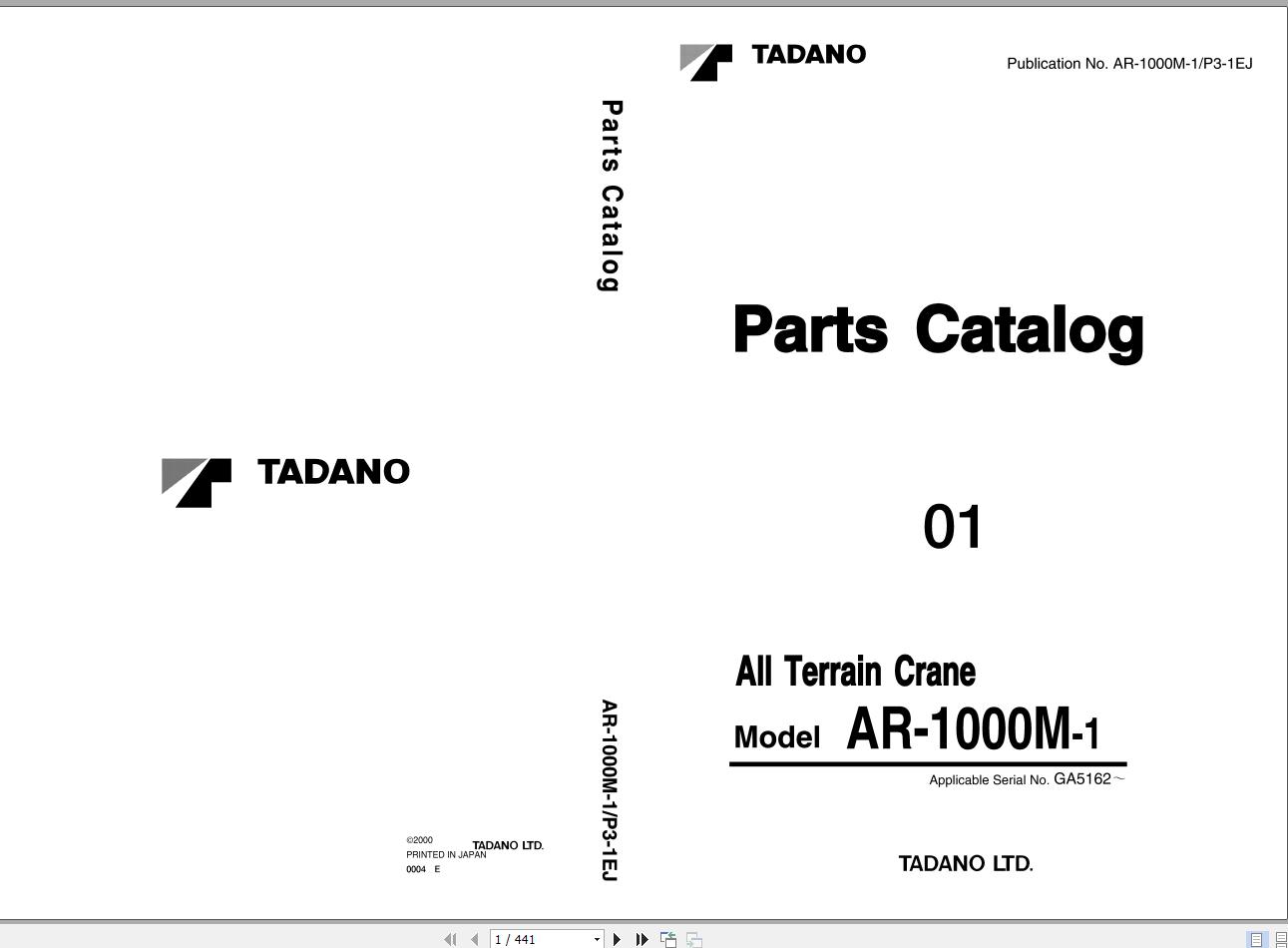 Tadano All Terrain Crane AR 1000M 1 P3 1EJ GA5162 Spare Parts Catalog 2000 1