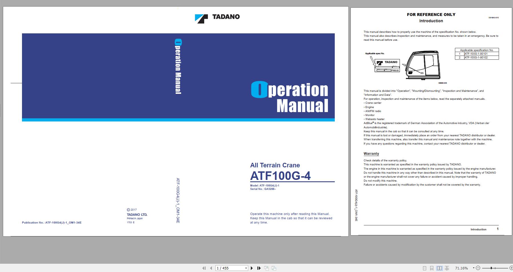 Tadano All Terrain Crane ATF 100G4J 1 GA5288 Operation Manual 2017 1
