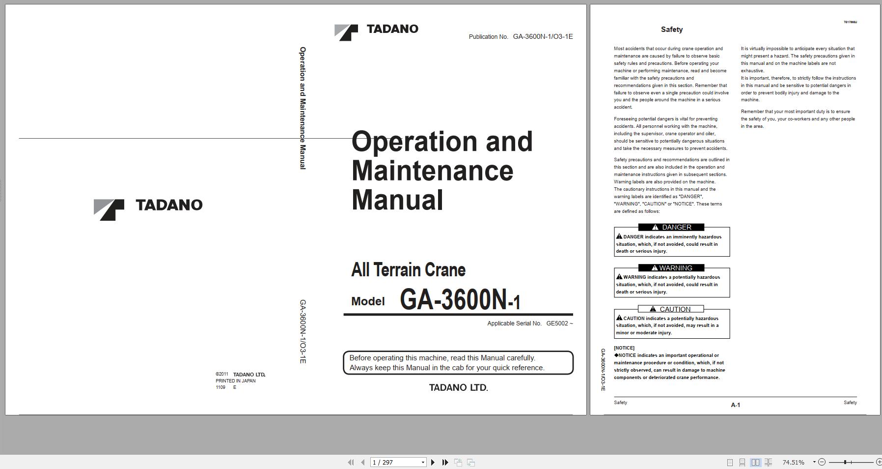 Tadano All Terrain Crane GA 3600N 1 GE5002 Operation and Maintenance Manual 2011 1