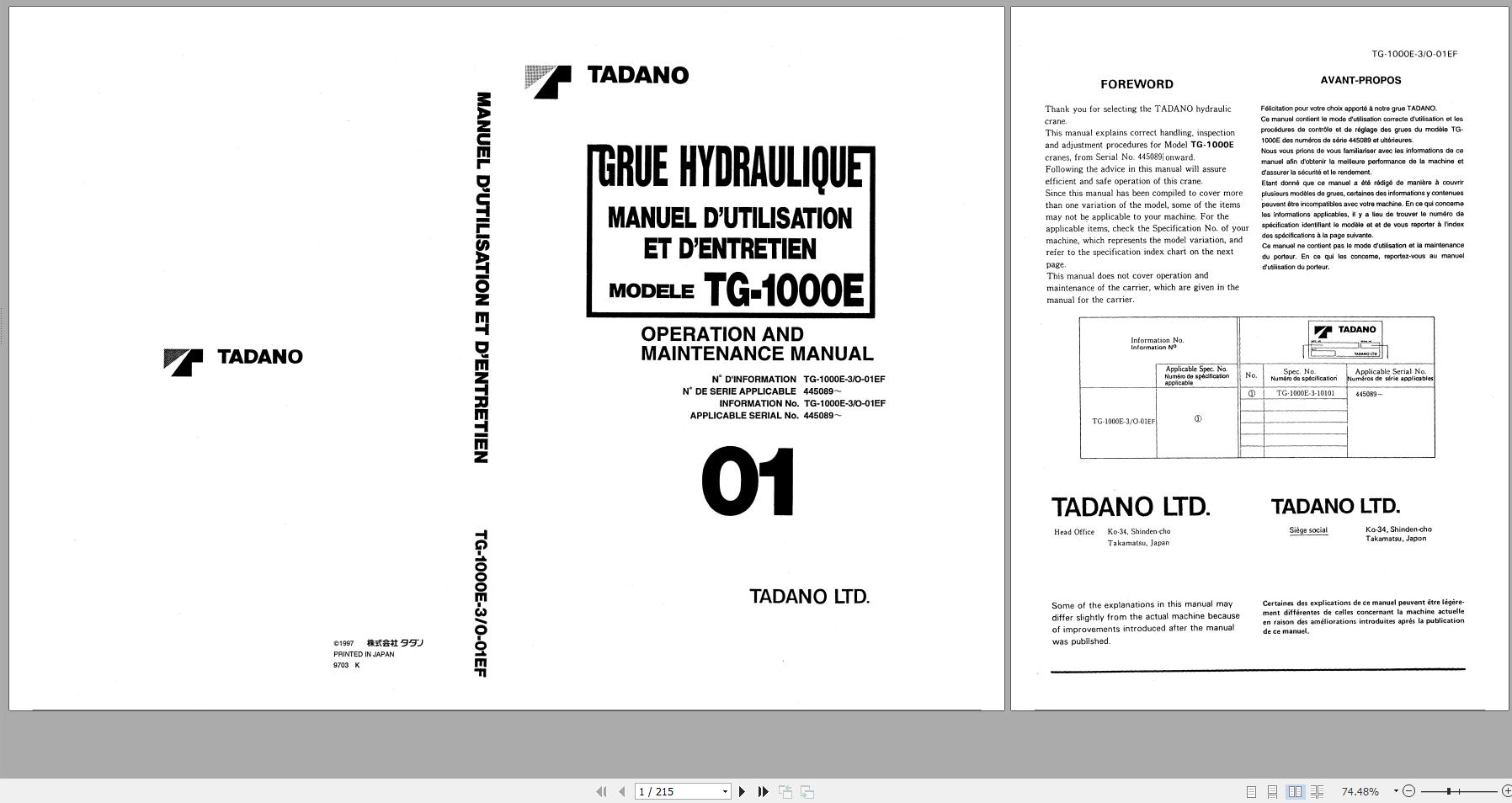 Tadano Hydraulic Crane TG 1000E 445089 Operation and Maintenance Manual 1997 EN FR 1