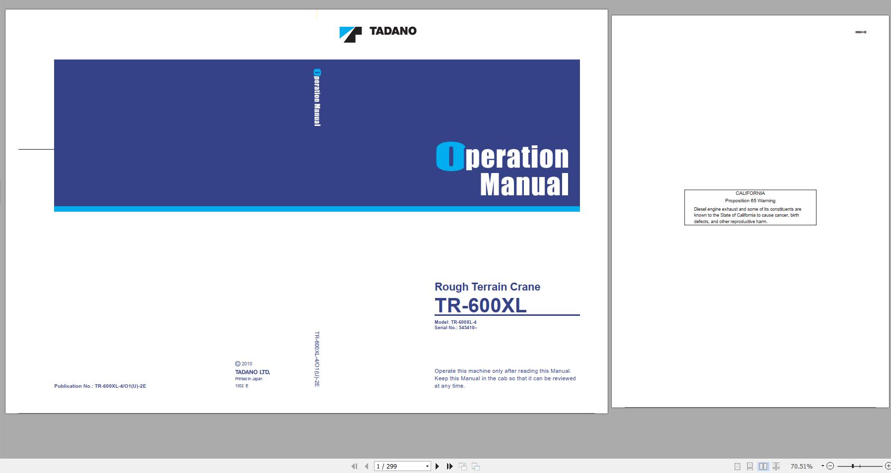Tadano Rough Terrain Crane TR 600XL 4 545410 Operation Manual 2010 1
