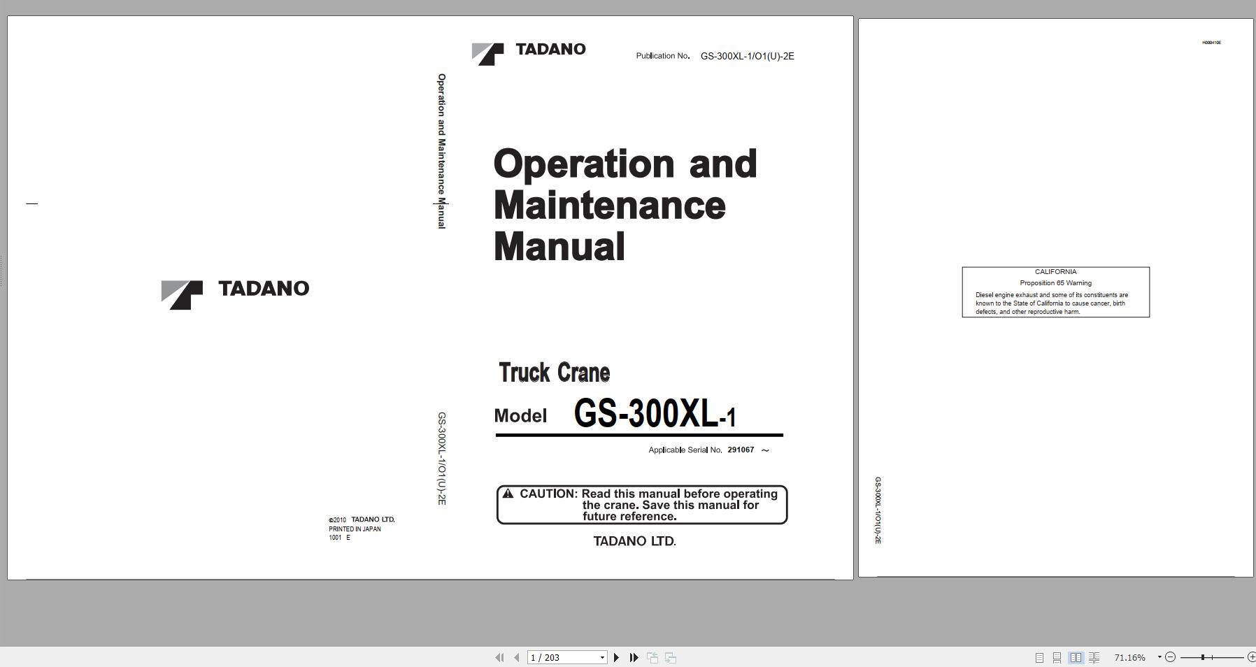 Tadano Truck Cane GS 300XL 1 291067 Operation and Maintenance Manual 2010 1