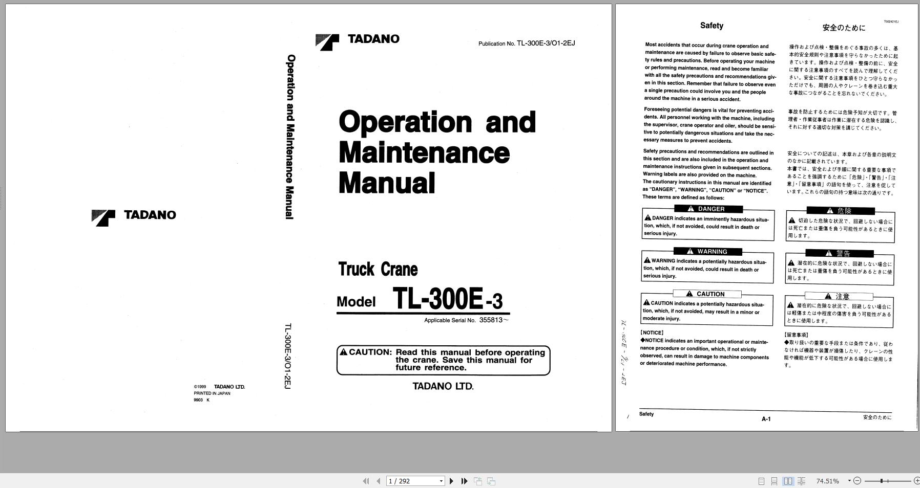 Tadano Truck Crane TL 300E 3 355813 Operation and Maintenance Manual 1999 JP EN 1