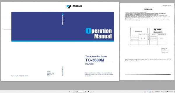 Tadano Truck Mounted Crane TG 3600M 1 450101 Operation Manual 2000 1