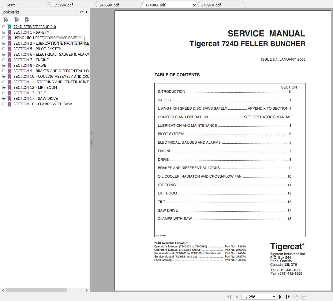 Tigercat 724D Feller Buncher 7240201 7240999 Operator Service Manual 1