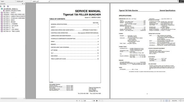 Tigercat 726 Feller Buncher 7260101 7260999 Operator Service Manual 1