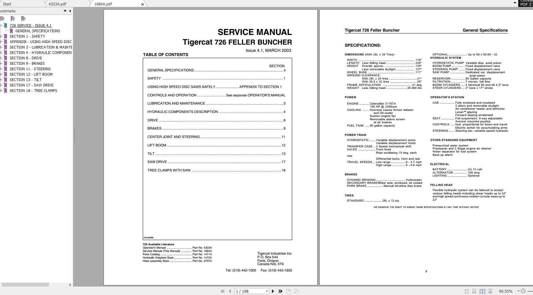 Tigercat 726 Feller Buncher 7260101 7260999 Operator Service Manual 1