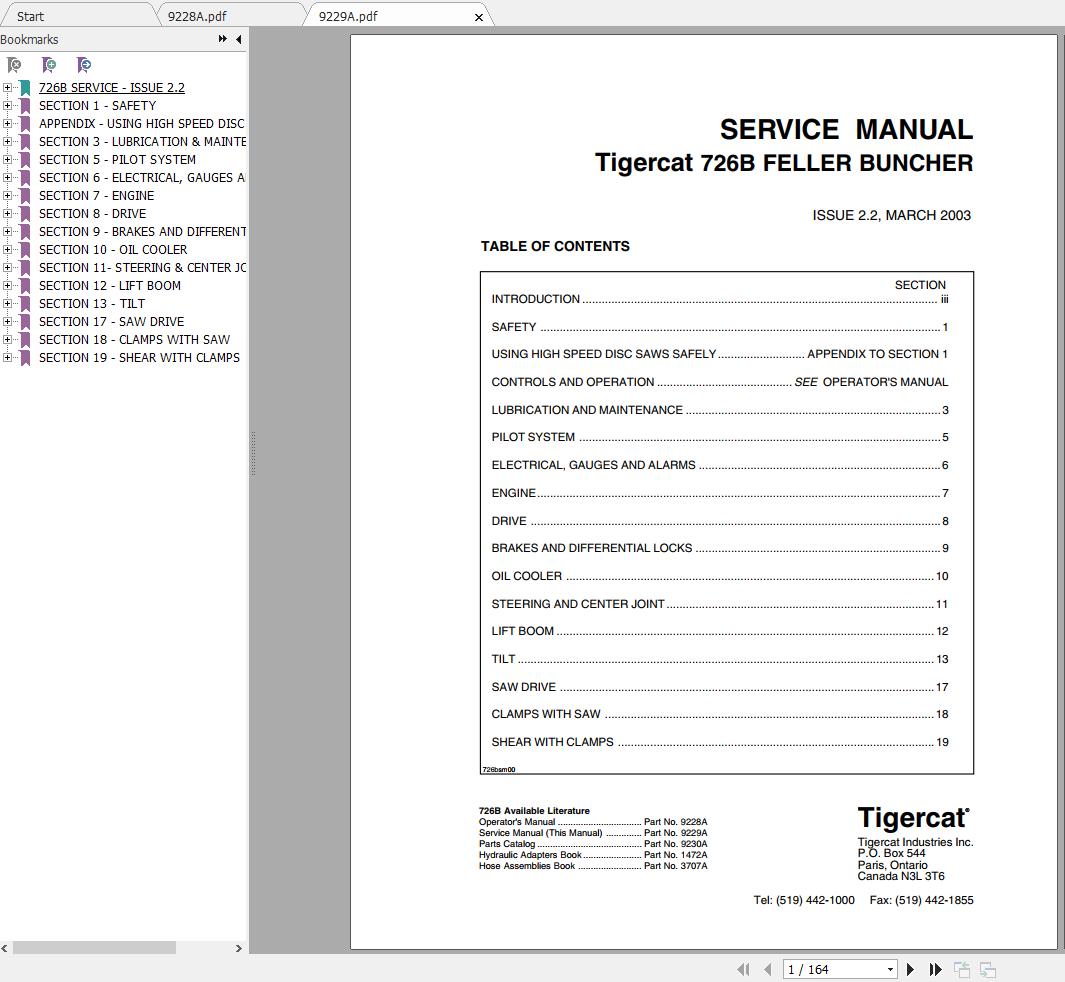 Tigercat 726B Feller Buncher 7261001 7261999 Operator Service Manual 1