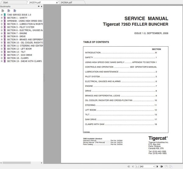 Tigercat 726D Feller Buncher 7262001 7262499 Operator Service Manual 1