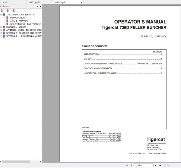 Tigercat 726D Feller Buncher 7262001 7262499 Operator Service Manual 2