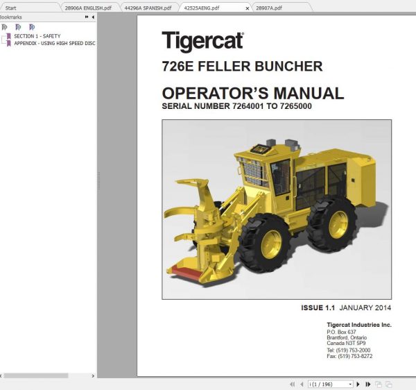 Tigercat 726E Feller Buncher 7262501 7265000 Operator Service Manual 2