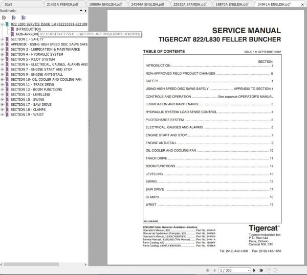 Tigercat 822 L830 Feller Buncher 8220101 82210999 Operator Service Manual 1