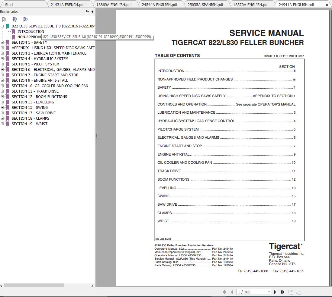Tigercat 822 L830 Feller Buncher 8220101 82210999 Operator Service Manual 1