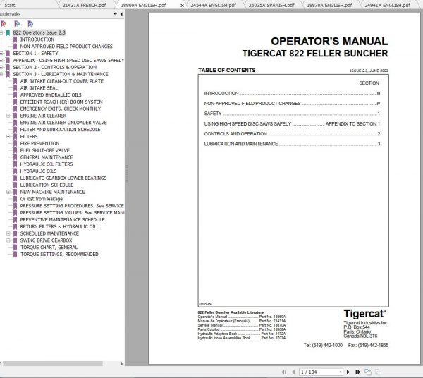 Tigercat 822 L830 Feller Buncher 8220101 82210999 Operator Service Manual 3