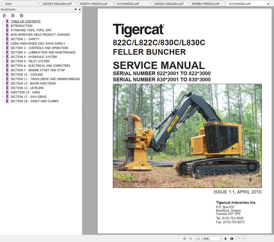 Tigercat 822C L822C 830C L830C Feller Buncher 82211001 82213000 Operator Service Manual 1