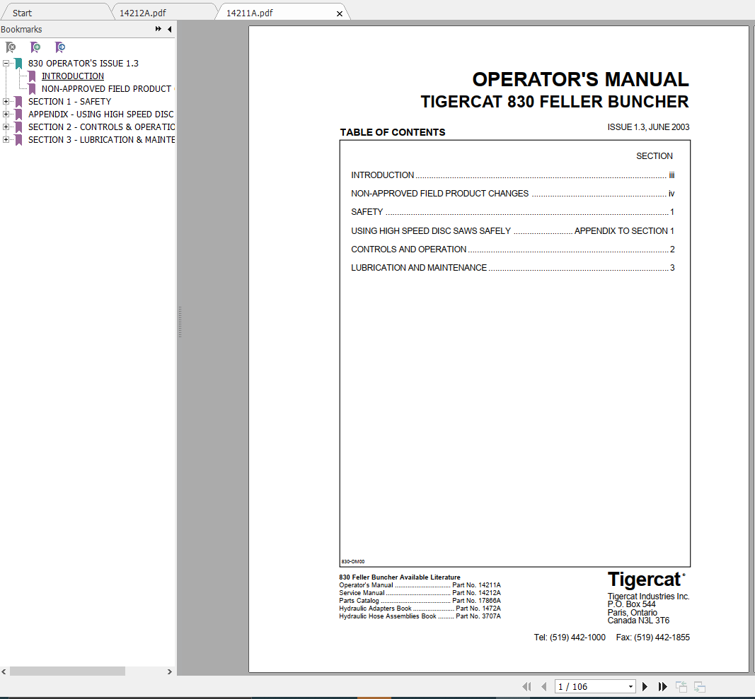 Tigercat 830 Feller Buncher 8300113 8300499 Operator Service Manual 2