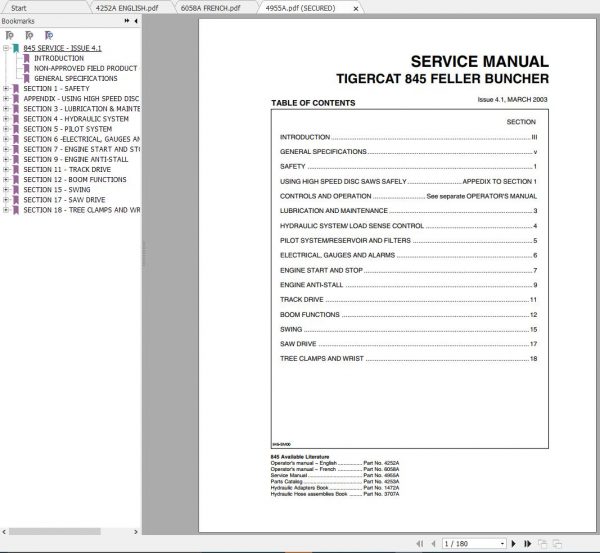 Tigercat 845 Feller Buncher 8450101 8450475 Operator Service Manual 1