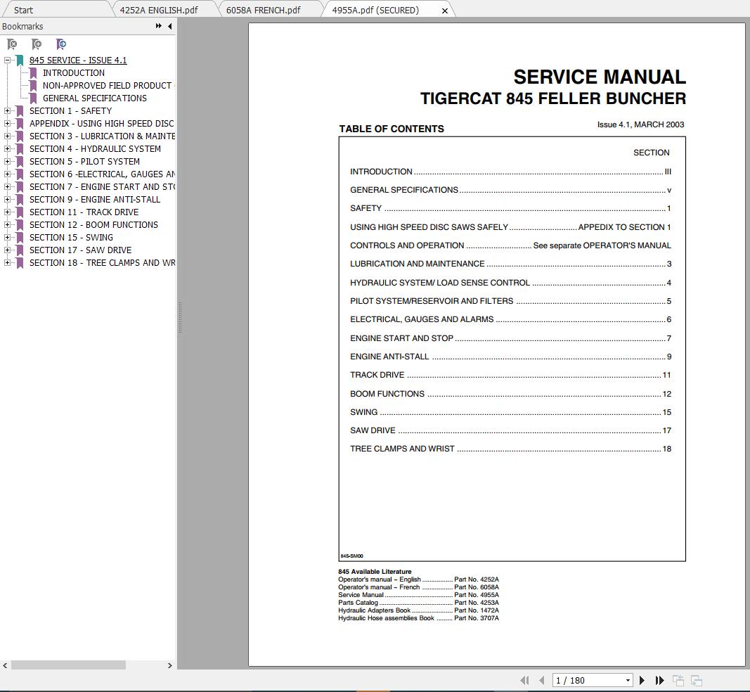 Tigercat 845 Feller Buncher 8450101 8450475 Operator Service Manual 1